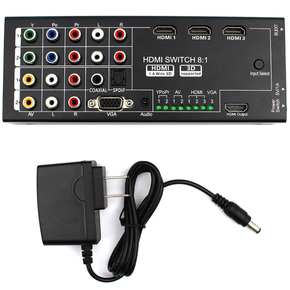 Многофункциональный HDMI конвертер переключатель 8 входов в HDMI + коаксиальный + spdif выход Поддержка 3D и объемный звук для 1080 P HDTV
