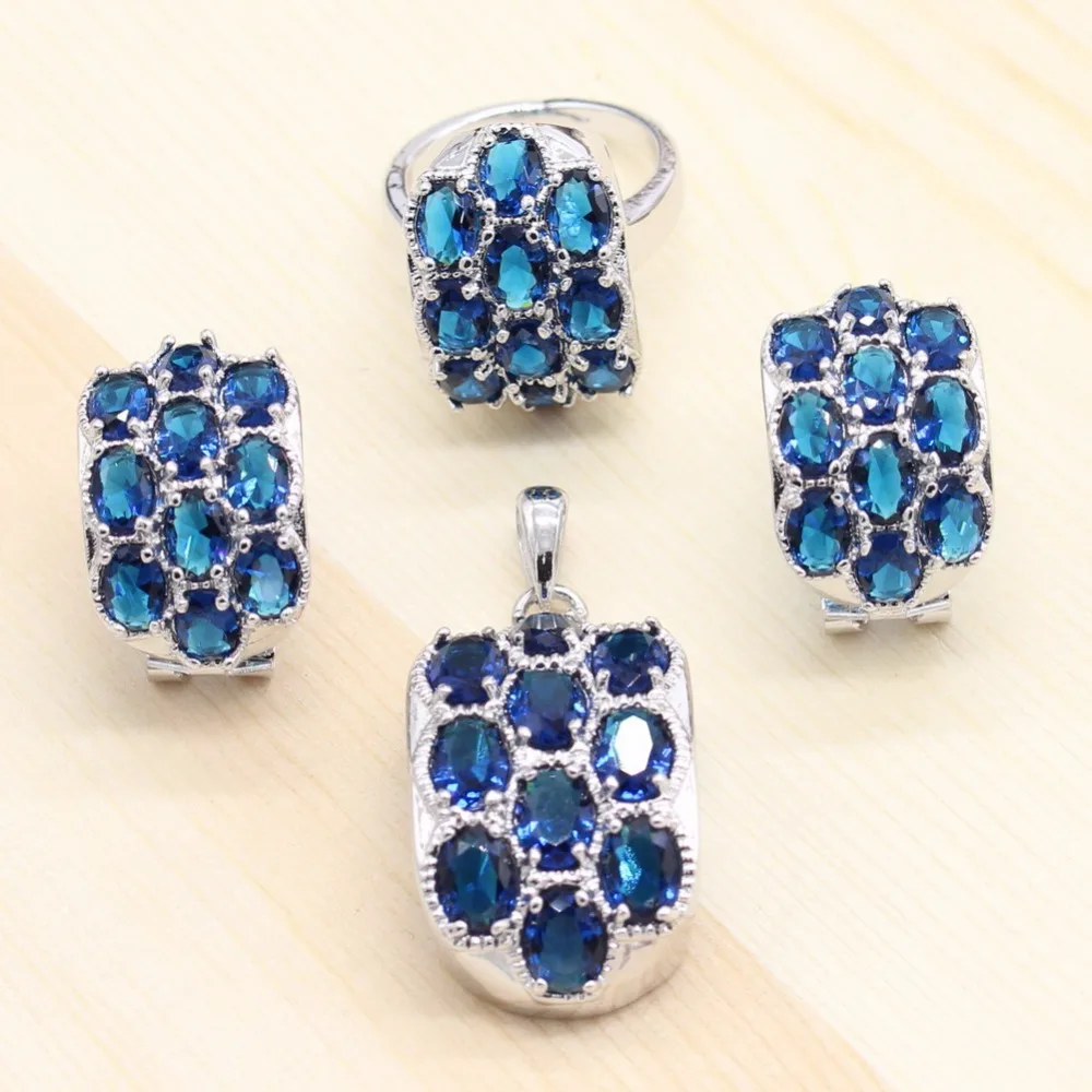

Sliver 925 Costume Bridal Jewelry Sets For Women Blue Cubic Zirconia Necklace Pendant Drop Earrings Rings Gift S