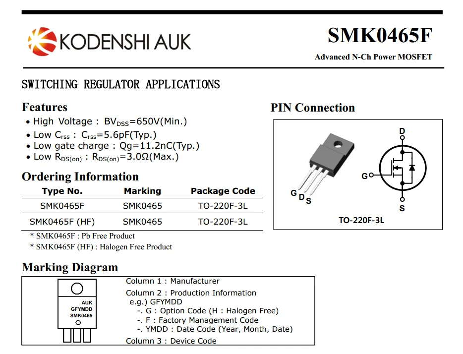 15Pcs SMK0825F Smk0825 Advanced N-Ch Power Mosfet To-220F by Kodenshi Auk