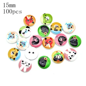 

100pcs 15mm Mixed Round Animal Wooden Buttons For Clothes Crafts Sewing Decorative Needlework Scrapbooking DIY Accessories