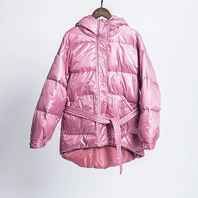 Зимнее женское пальто, 90% белый утиный пух, парка, пояс, пуховик, Женское пальто с капюшоном, короткая теплая Повседневная зимняя верхняя одежда, новинка - Цвет: pink