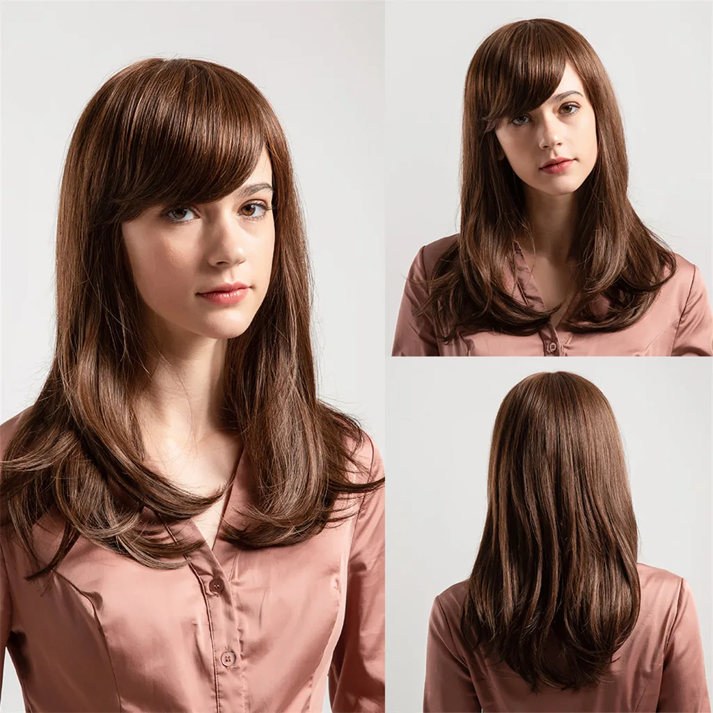

New 18 Inch Natural Fashion Brown Straight Long Hair With Bangs Human Hair Female Wigs Full Head Adjustable Gift Dropshipping