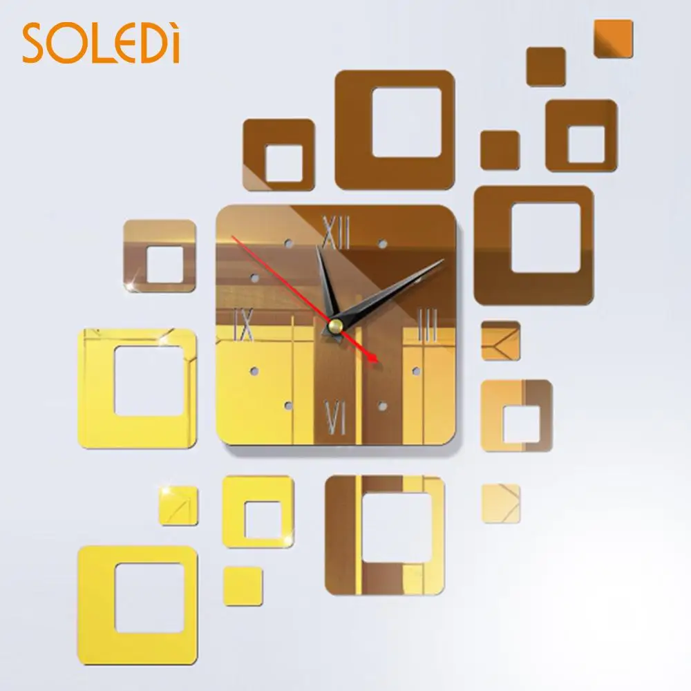 Зеркальные часы квадратные акриловые 5 цветов геометрические 3D зеркальные Diy наклейки Часы Самоклеящиеся спальня ТВ фон