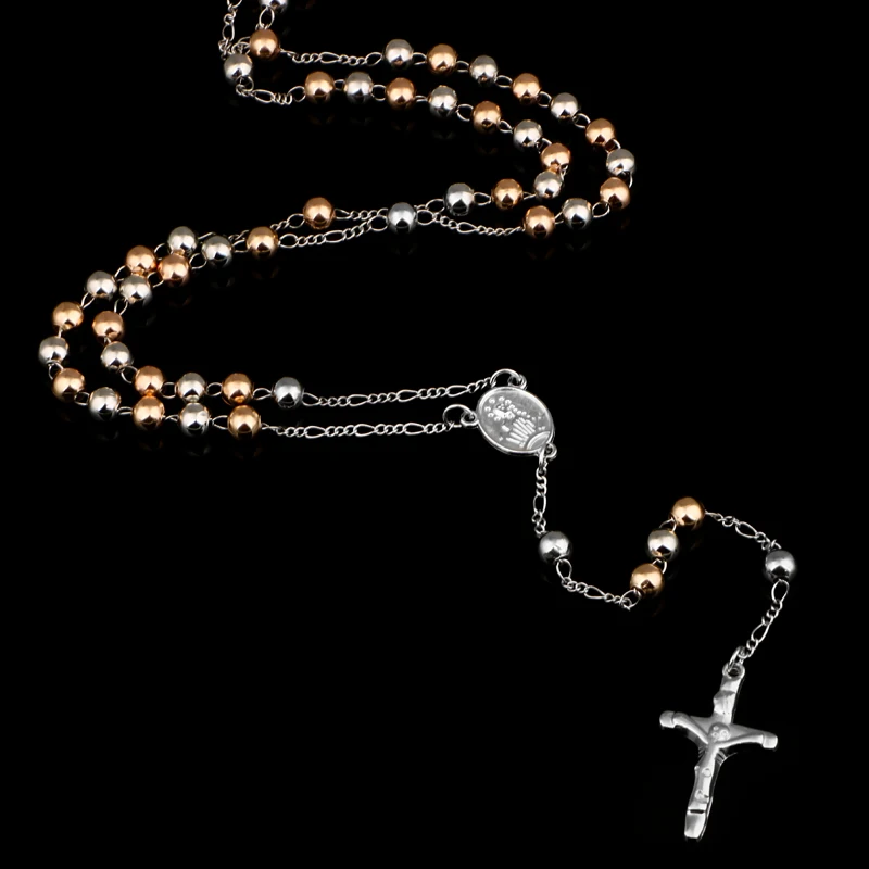 Olowu Блестящий крест кулон ожерелье длинные имитация бисера четки Иисуса монета золотые ожерелья и подвески серебряные Религиозные ювелирные изделия