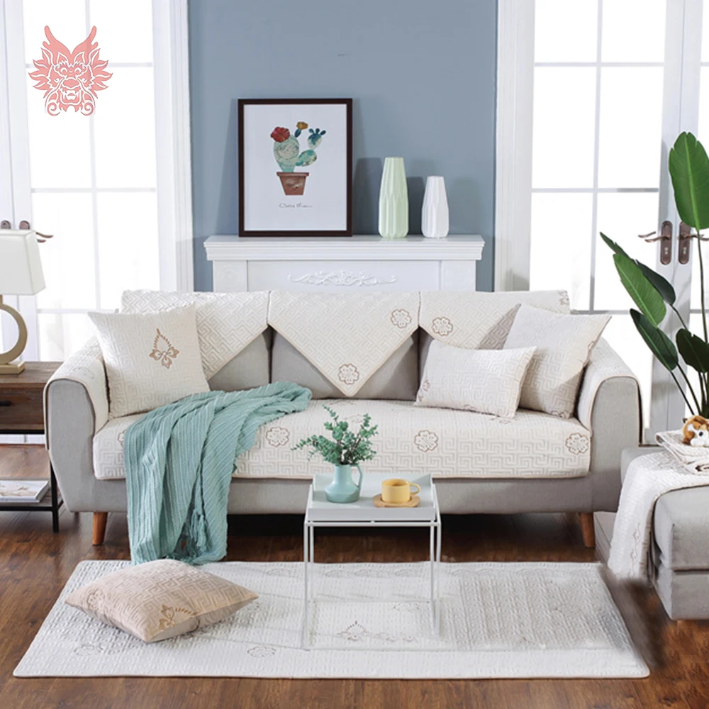 Grey white floral embroidery geometric quilted velvet slipcovers sofa