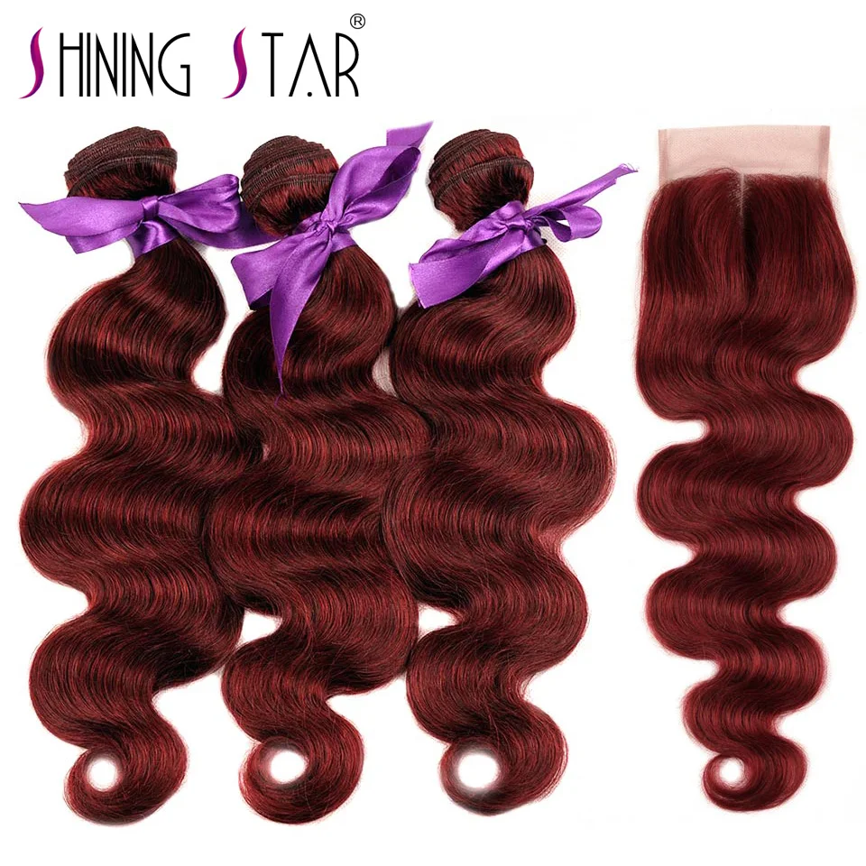 Buy 3 Bundles Bold Red 99J Burgundy Brazilian Body Wave Get Free Closure 100% Human Hair Extension Shining Star Non Remy Hair body-wave