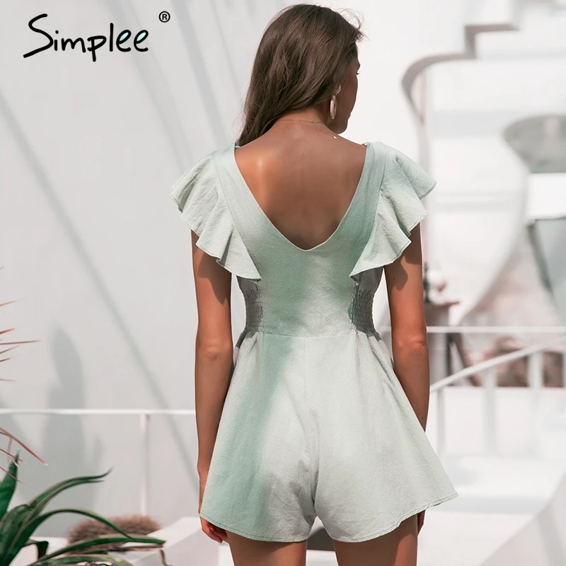 Женский льняной комбинезон Simplee, летний хлопковый короткий комбинезон с V-образным вырезом, на пуговицах с оборками, женский повседневный светло-зеленый комбинезон