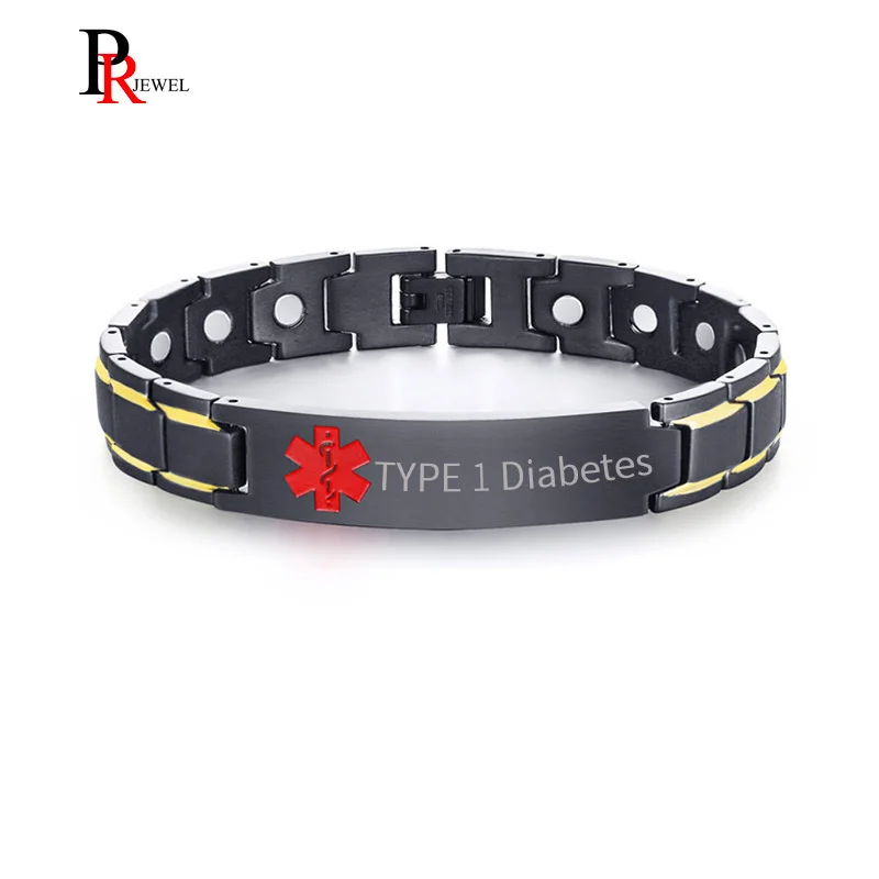 

Magnetic Therapy Medical Alert ID Bracelets for Men Free Engraving Disease Name ICE Info Healthy pulseira masculina 8.66