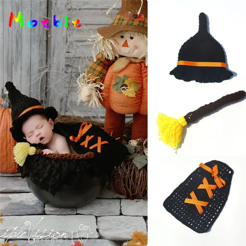 Latest Crochet Newborn Photography Prop Boy Girl Witch Magician Hat & Cover Crochet Knitted Outfit Halloween Costumes MZS-16020