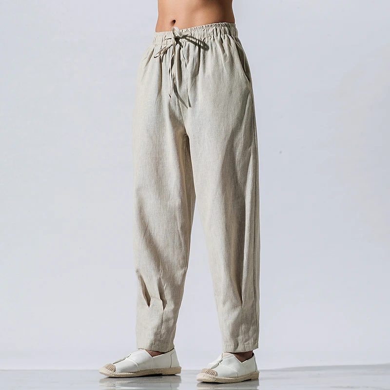 

Cotton Linen Pants Mens casual jogger breathability Loose Trousers Male Elastic Waist 2019 Chinese style men pants