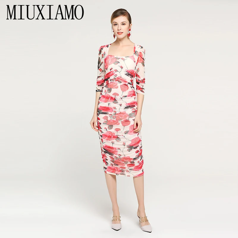 

MIUXIMAO High Quality 2019 Summer&Spring Dress Red Rose Floral Print Eleghant Casual Dress Women vestidos