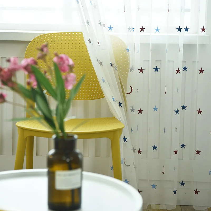 

New Voile Colorful Stars Moon Embroidered Tulle Curtains For Kids Bedroom Child Window Screens White Sheer For Living Room Yarn