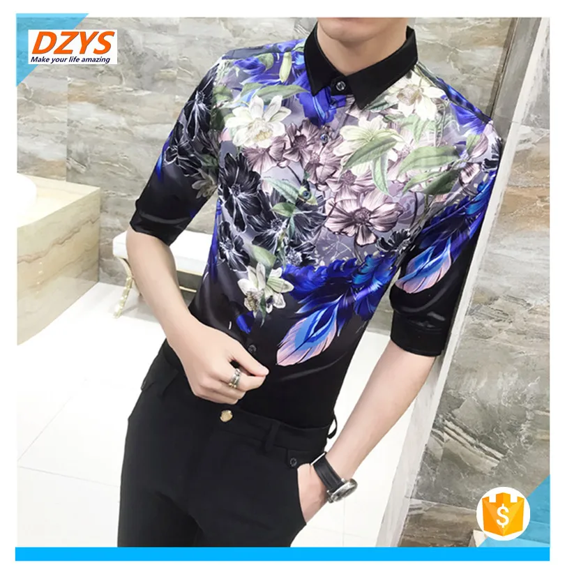 2018 men's Summer dress trend Youth Night shop short sleeve thin floral shirt09
