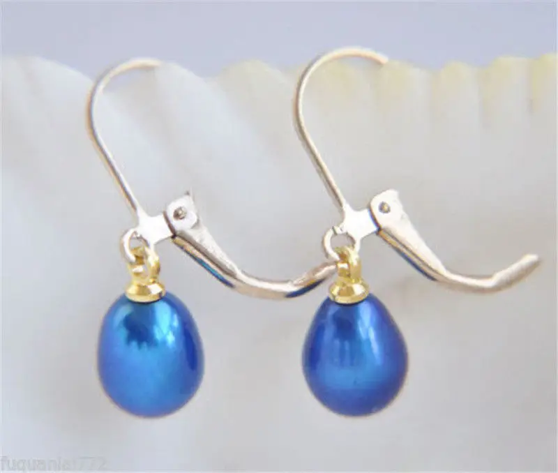 

Hot sale new Style >>>>5-8mm blue freshwater Pearl Yellow Gold Plated Leverback Earrings +AAAA