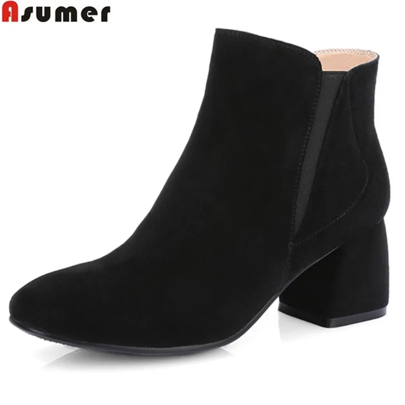 

Asumer fashion autumn winter new arrive women boots zipper cow suede ankle boots square heel black brown genuine leather boots