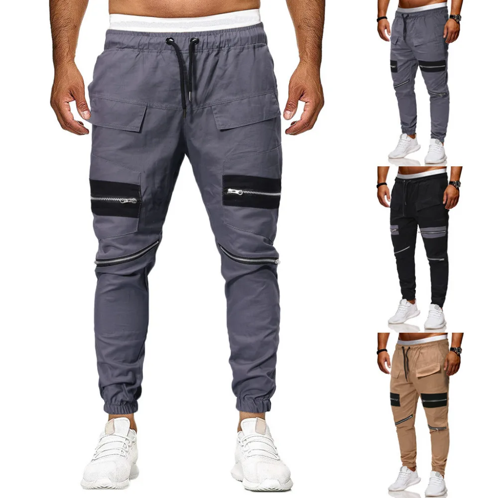 

2019 new fashion men's polyester zipper tied hands stitching sports casual loose sweatpants jogging pants drawstring pants 2.28