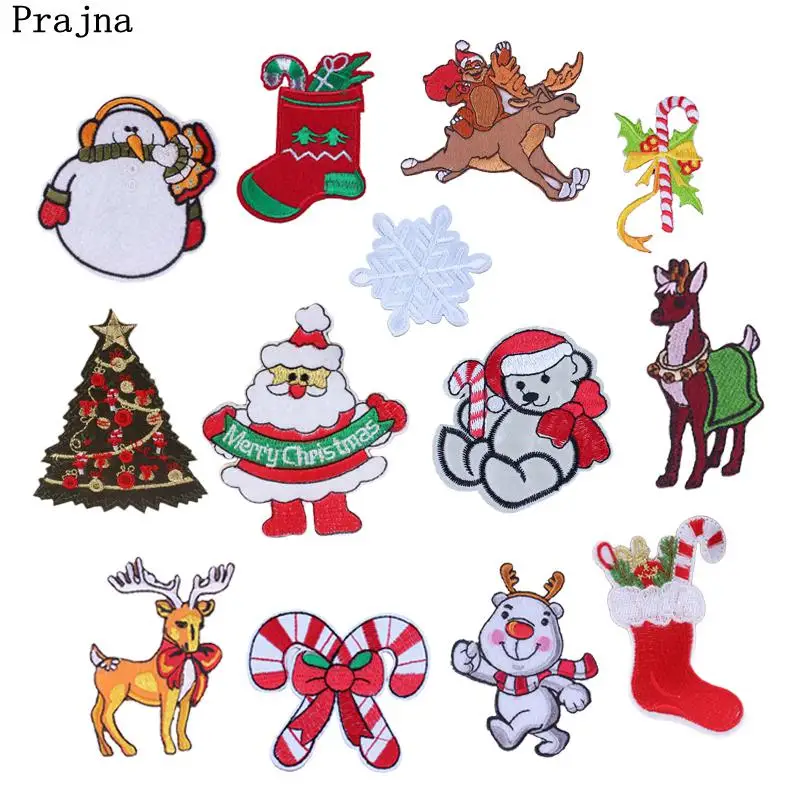 

Prajna Merry Christmas Patches Red Snow Xmas Socks Deer Iron On Patch Logo Cute Cloth Embroidered Badges For Jeans DIY Applique