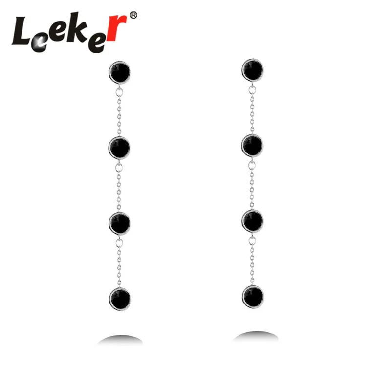 

LEEKER Simple Silver/Rose Gold Color 4 Small Black Acrylic Round Long 7cm Line Drop Earrings For Women Wedding Jewelry 91274 LK8