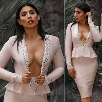 

2019 New Arrival Beige Two 2 Pieces Beading Bandage Dress Sexy Deep V Neck Celebrity Party Vestidos Autumn Long Sleeve festa