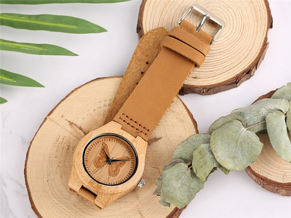 Lady Bamboo Watches Butterfly Dial  Minimalist Wrist Watch Genuine Leather Band Stylish Women Simple Clock relogio de madeira (17)