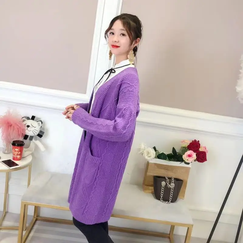 Женские длинные кардиганы для осени и зимы, теплые длинные кардиганы больших размеров, пончо, Корейская вязанная куртка, Sueter Mujer, однотонное пальто - Цвет: Violet