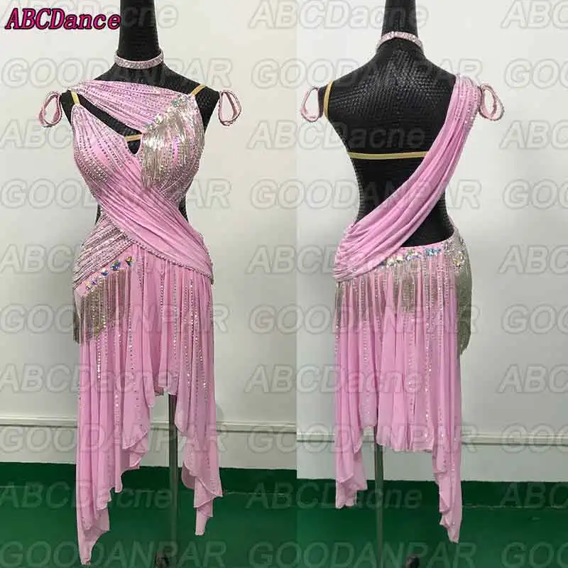 

New latin dance dress women backless pink Bead dress for ballroom dancing Custom-made handmade latin dance dress