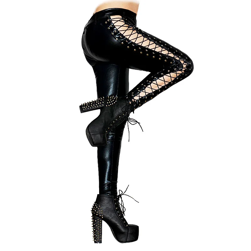 M-xl Новинка, женские черные латексные длинные штаны из ПВХ, облегающая одежда для клуба, кожаные штаны на шнуровке, тянущийся прилегающий комбинезон, Женский костюм для танцев на шесте