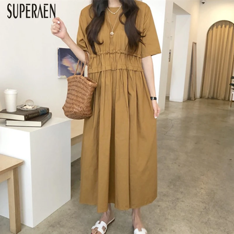

SuperAen Korean Style Women Dress Short Sleeve Cotton Casual Fashion Ladies Dress High Waist Drawstring Summer New 2019