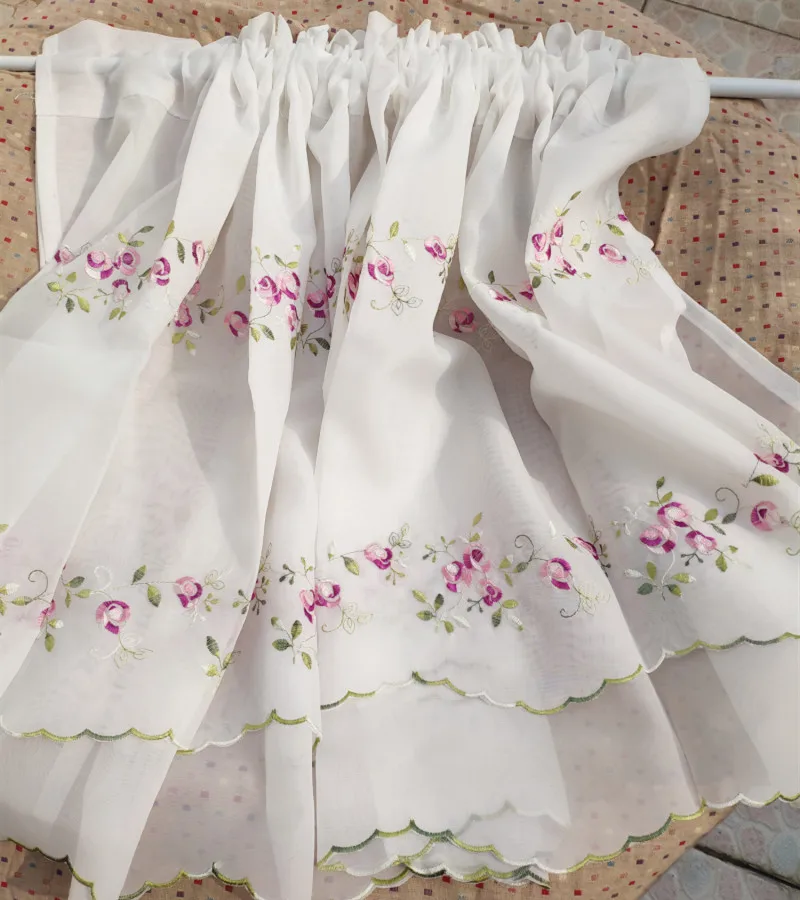 

JUYANG. Double tulle coffee curtain. Soft and elegant half curtain. Rose flower embroidered cabinet curtains.