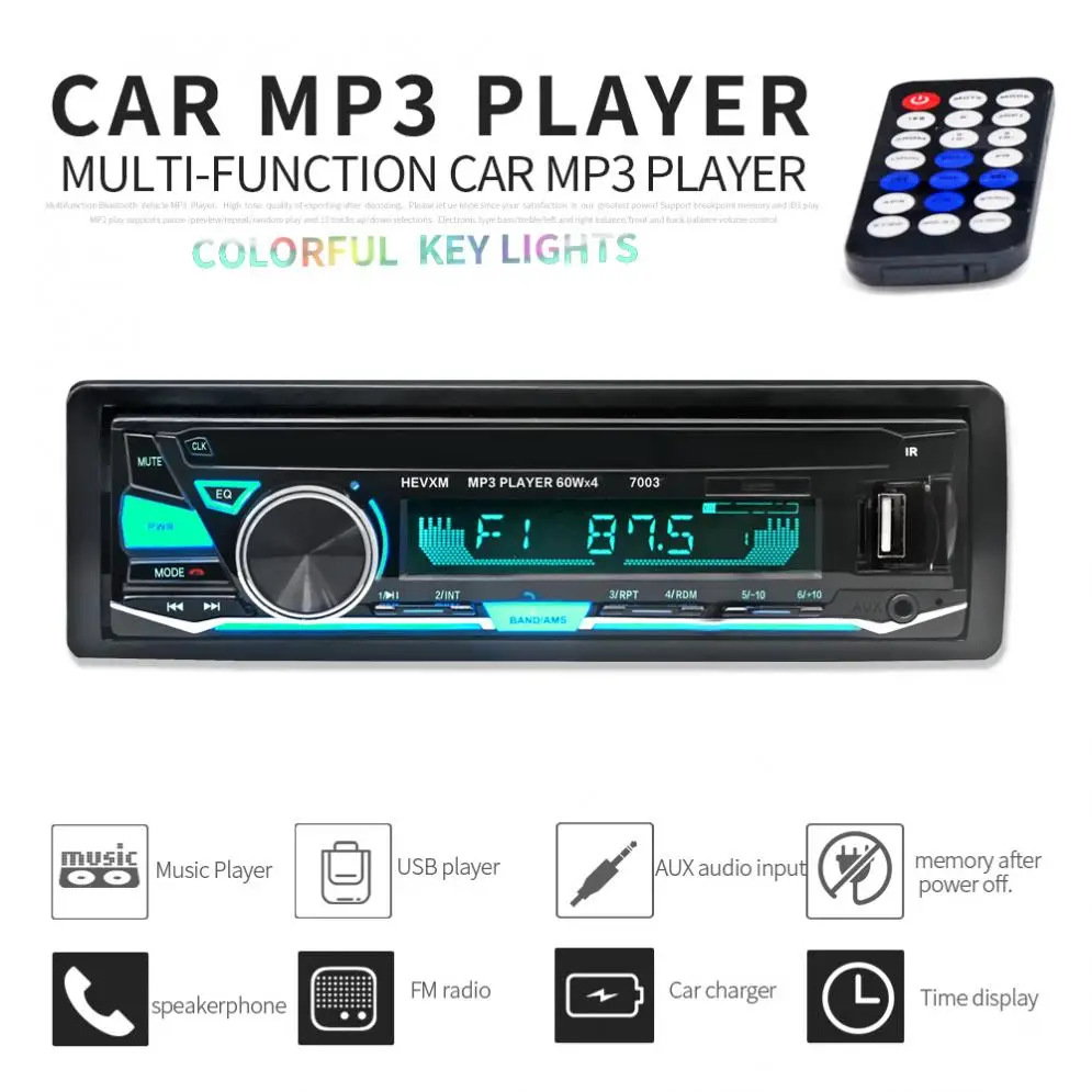 

12V 1 DIN Bluetooth 7 Color Light Car Stereo FM Radio MP3 Audio Player Support Hands-free Calls Aux Input / SD / USB / MP3