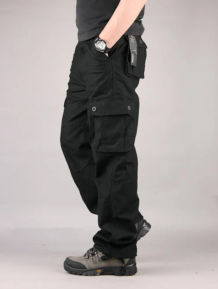 Большие размеры 30-44 высокое качество Для мужчин мужские карго Брюки для бега военные для Для мужчин комбинезон со множеством карманов тактические армейские брюки; модная обувь камуфляжной расцветки - Цвет: Черный