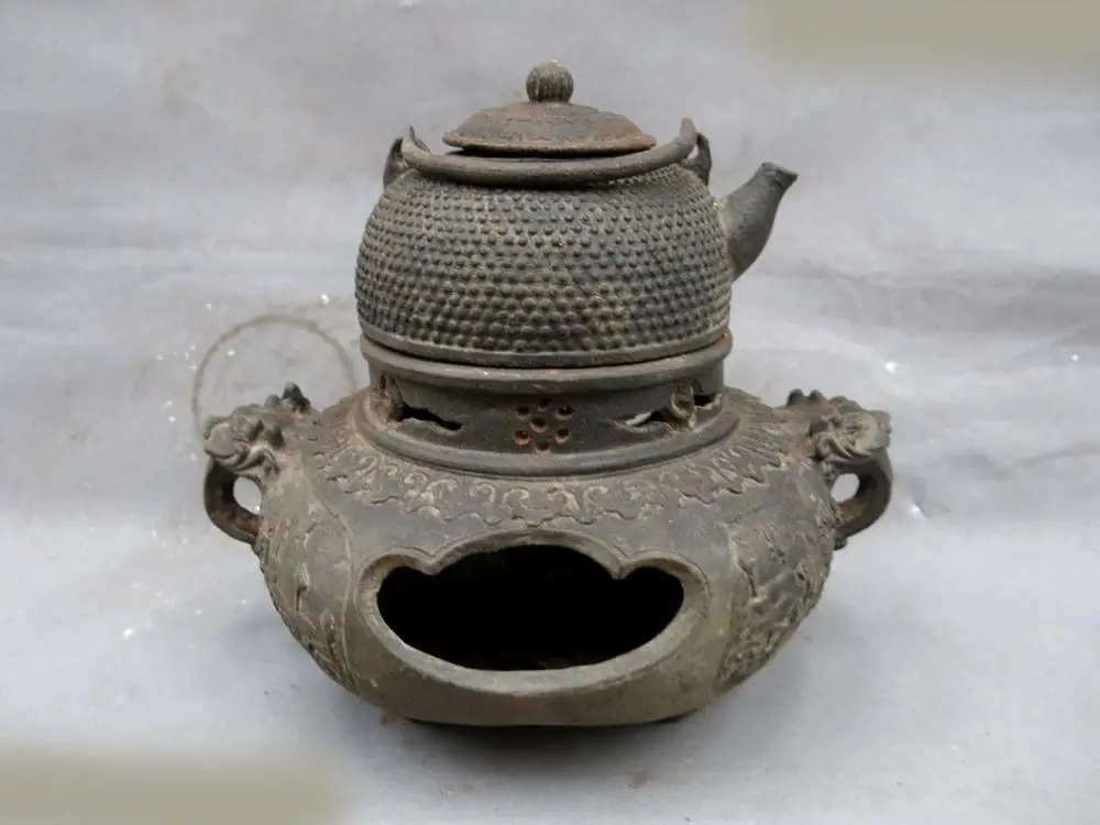 

9" China old Iron carved dragon decorative design Cook Tea Stove and teapot ST