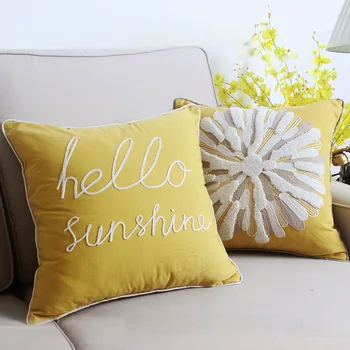

Embroideried Cushion Cover Yellow Cotton Embroidery Pillow Cover Home Decor Sofa Cushion Decorative PillowCase 45*45cm