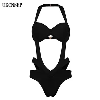 

2020 Sexy Beach Bandage Bodysuit Women Halter Straps Hollow Out Elegant Bodycon Bandage Party Bodysuit