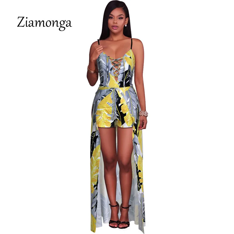 

Ziamonga Fashion Jumpsuit Women Lace Up Design Maxi Overlay Rompers Women Jumpsuit Sexy High Split Floral Printed Playsuits