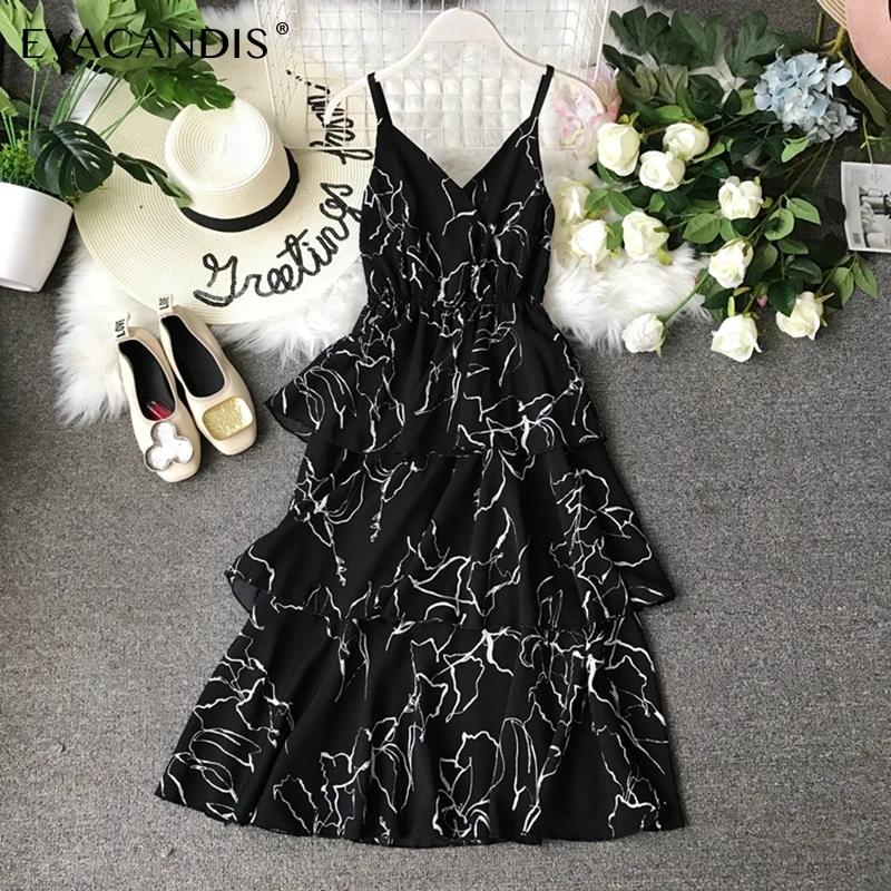

Sundress V Neck Spaghetti Strap Backless Sleeveless Print Black White Beach Boho Ruffle Korean Midi Summer Dress Women Vestidos