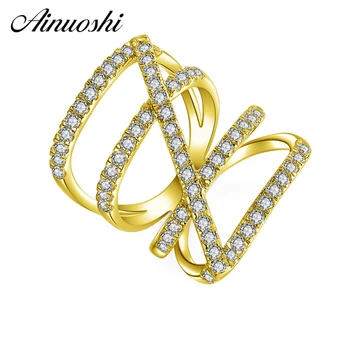 

AINUOSHI Real 14K Solid Yellow Gold Multi Line Ring Cluster SONA Simulated Diamond Wedding Engagement Hollow Ring for Women Men