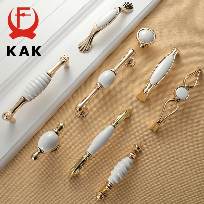 KAK الأبيض Creamic الذهب مجلس الوزراء مقابض وأُكر درج التأثيرات مطبخ مقابض باب الذهب الأثاث مقبض مجلس الوزراء الباب الأجهزة