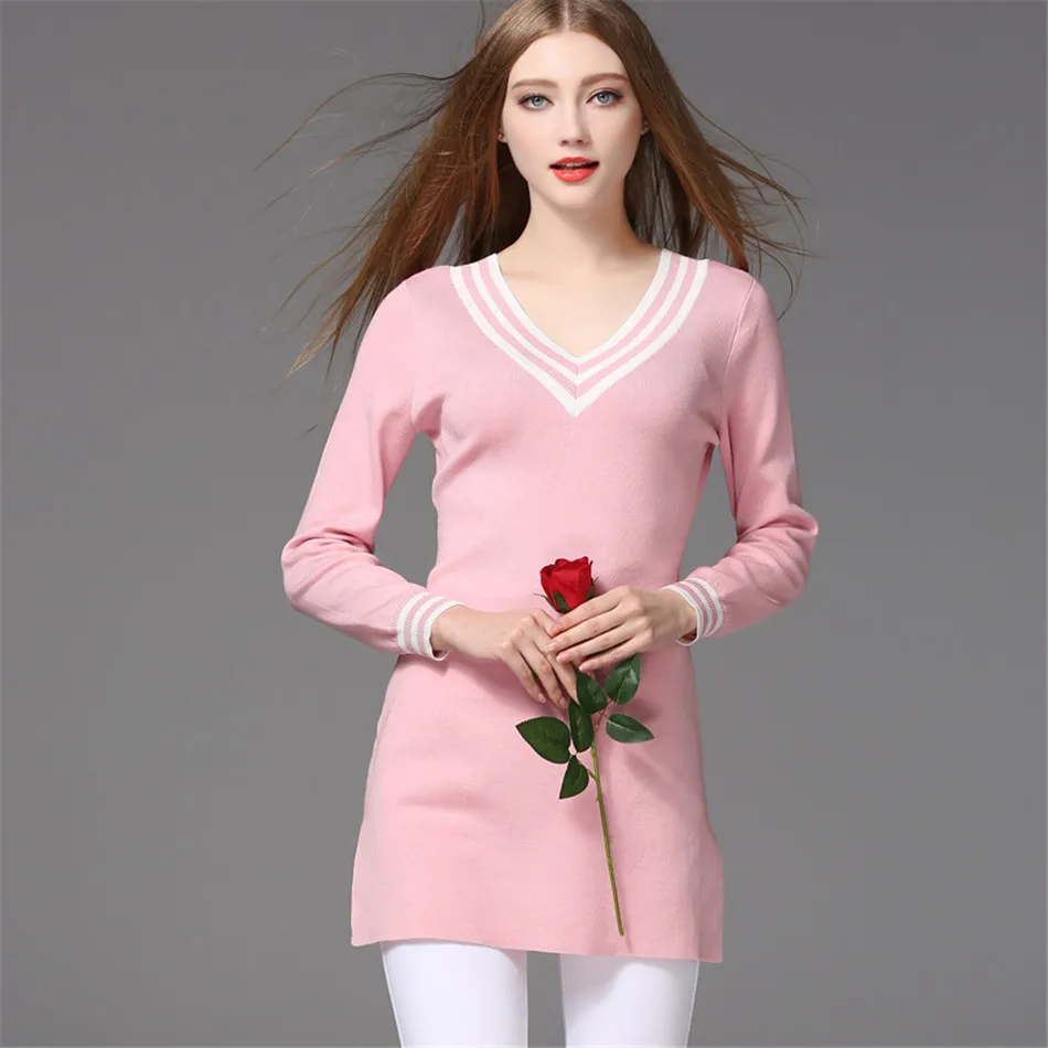 Women Sexy V neck knitting sweater dress 2018 Women elegant long sleeve pullover female winter dress Autumn casual jumper femme