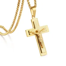 Крест с распятием кулон& ожерелья Для мужчин золотой, серебряный тон с Иисусом из нержавеющей стали деталь цепочка ювелирный подарок для папы MN204