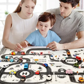 

1 pcs Mini Cars 1 pcs 130*100CM City Parking Lot Road map 18 pcs Road Sign Children Playing Mat birthday Gift for Kids Boy Girl