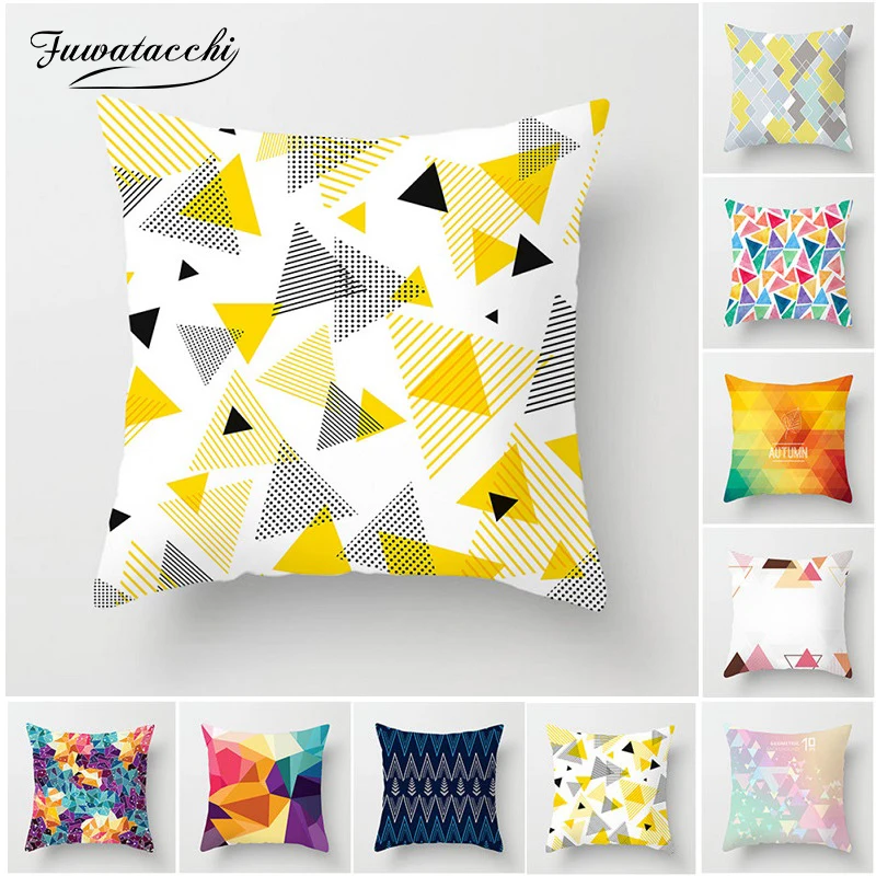 

Fuwatacchi Geometric Decorative Cushion Covers Yellow Striped Diamond Pillow Cover for Soft Car Chair Rainbow Pillowcase 45*45cm