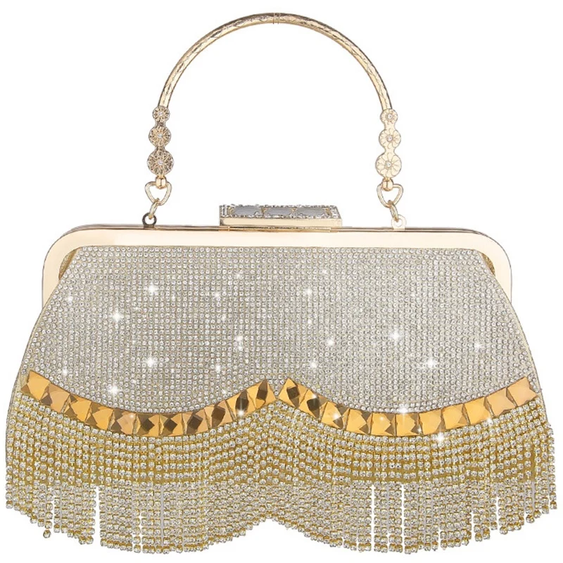 

LJL-Women'S Crystal Evening Bag Retro Beaded Clutch Wedding Diamond Lock Rhinestone Chain Fringe Shoulder Bag
