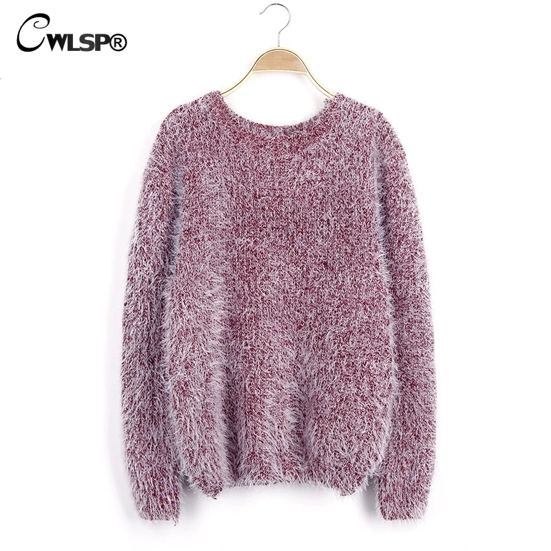 CWLSP Causal Mohair Sweater Women Long Sleeve O neck Autumn Winter Knitted Pullovers  Candy colors Pull Femme Soft Jumper QZ2353