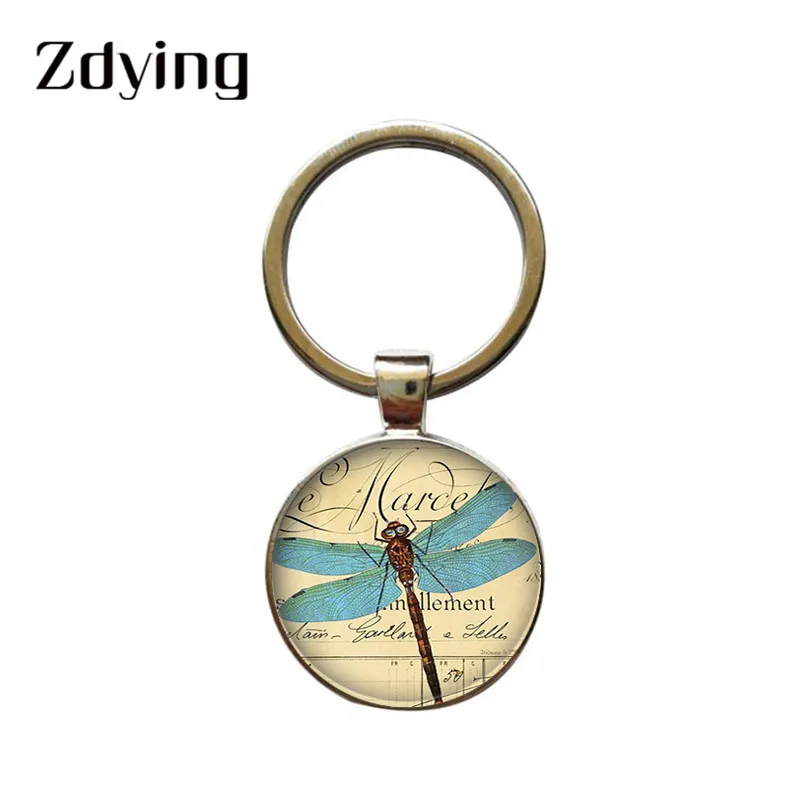ZDYING Vintage Dragonfly Keychain Round Glass Art Picture Cabochon Keyrings Bags Key Charm Pendant DN016 | Украшения и аксессуары