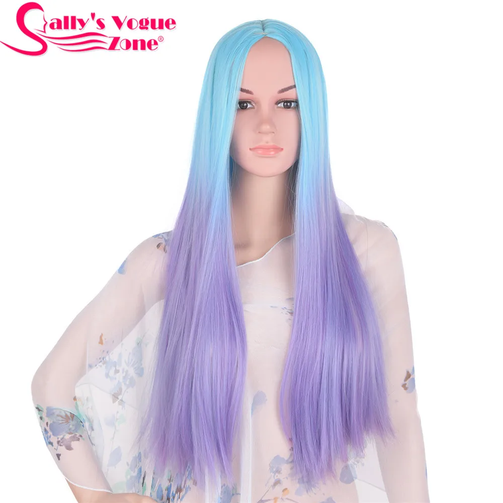 Sallyhair Ombre Purple Blue Wigs High Temperature Fiber 20 inch 280g Straight Full Head Black Wigs for Women Long Synthetic Wig (2)
