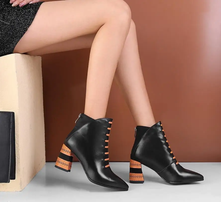 Neue Und Manuelle Spitze Heels Martin schwarzes Mode Stiefel Winter Beige Zipper High Leder Herbst ETfqdT