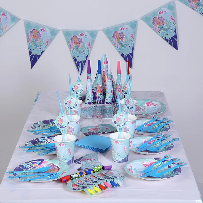 

Littele Mermaid Ariel Party Decorations Girl Birthday Party Disposable Tableware Plate Cup Hat Baby Shower Wedding Supplies SC08