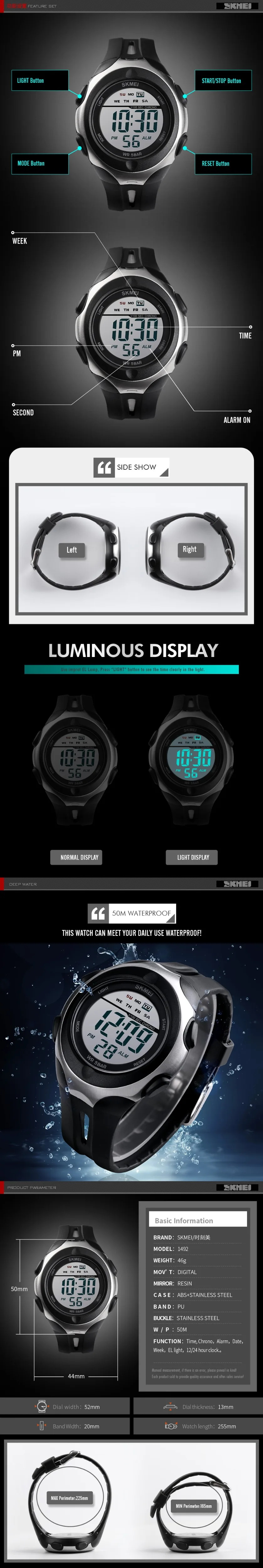 SKMEI модные мужские часы спортивные цифровые наручные часы Weekdisplay будильник 50 м водонепроницаемые мужские часы Erkek Kol Saati