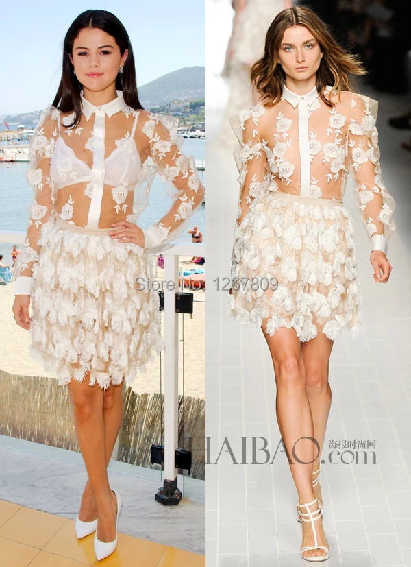 

2019 New Custom Made High Neck Lace Hand-made Flowers A-Line Full Sleeves Short Celebrity Dress